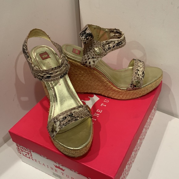 NWB 👑 Elaine Turner Kelcie Leather Raffia Wedge Platform Sandal Tan Gold Black - Picture 14 of 15